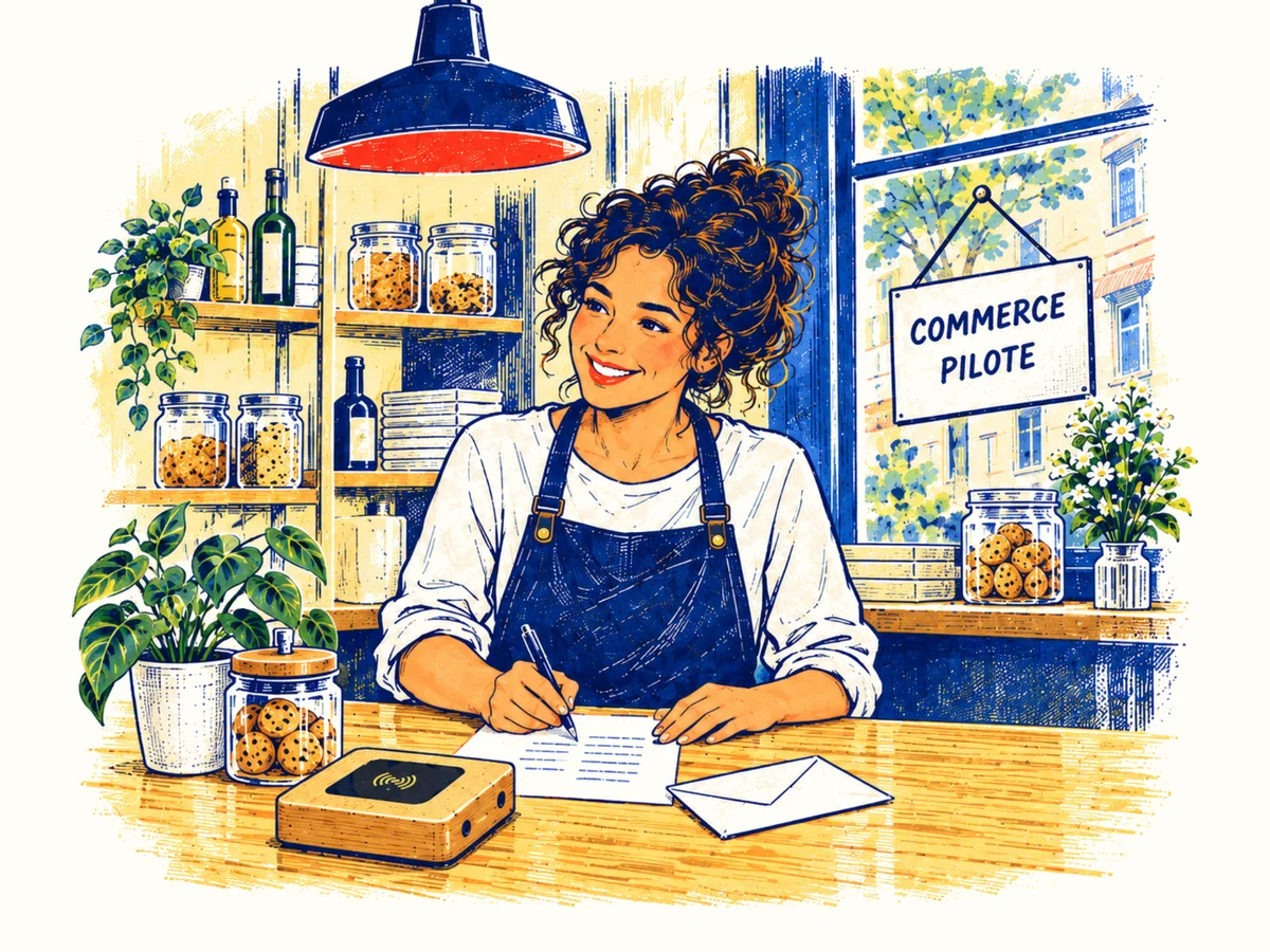 Dessin : une commerçante qui écrit à Ancorali derrière son comptoir.