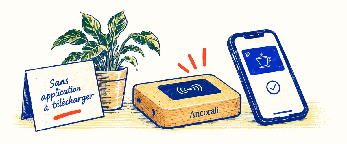 Dessin : le boîtier Ancorali en bois et un téléphone qui affiche la carte de fidélité.